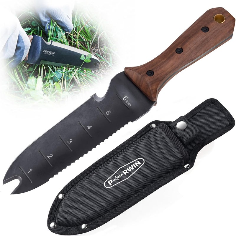 PERWIN Hori Hori Garden Knife, Garden Tools with Sheath for Weeding, Planting, Digging, 7" Stainless Steel Blade with Cutting Edge, Full-Tang Walnut Wood Handle with Hanging Hole - Image 1